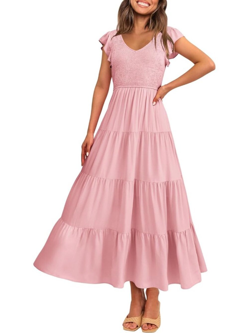 Women's Pink Summer Flowy Maxi Dress Casual Cap Sleeve V Neck Smocked Beach